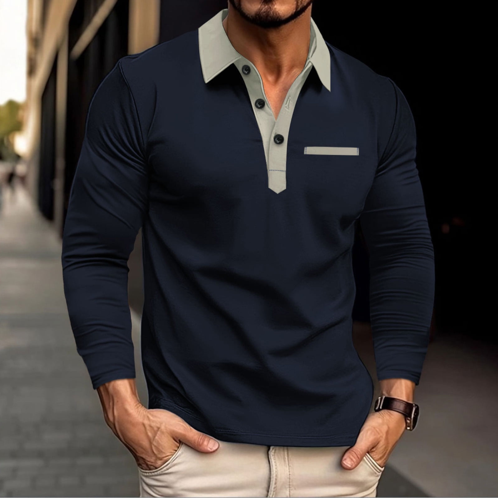 Elvqul Men's Shirts Long Sleeve Casual Dressy Navy Pullover Mens Tops ...