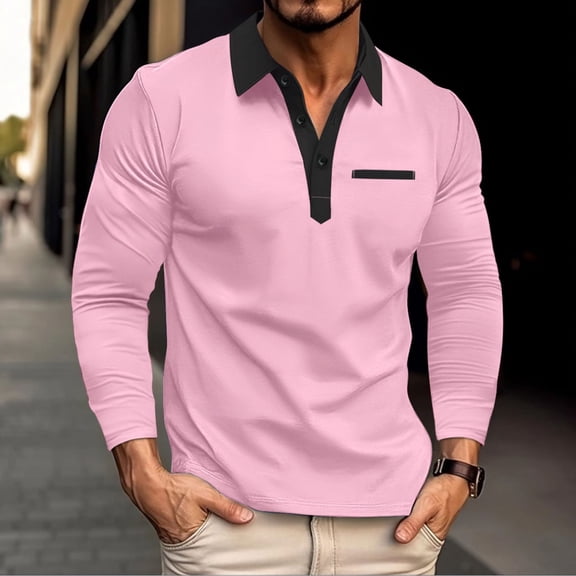 Elvqul Men's Shirts on Long Sleeve Pullover Collared Mens Tops Solid Pink Polo Shirts