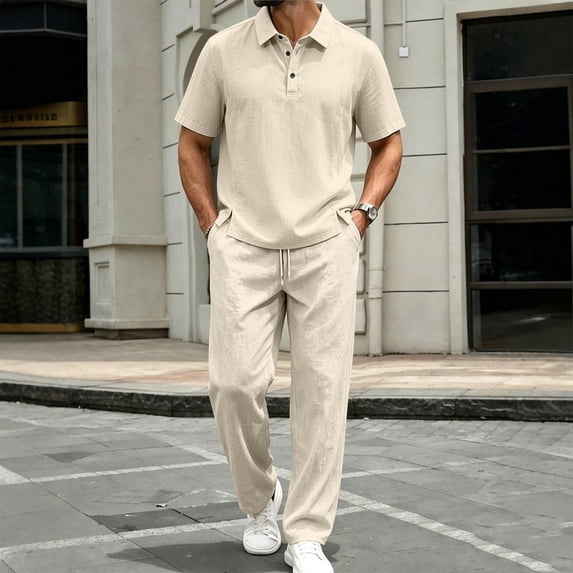 Elvqul Men's Short Sleeve Shirt and Pants Set with Button Detail for Casual Wear