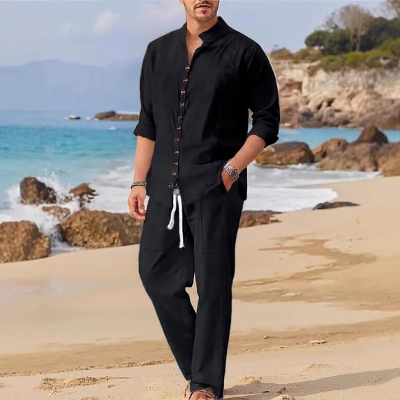 Elvqul Mens 2 Piece Set Button Down Outfits Pockets Solid Long Sleeve Top and Pants for Men Clasic