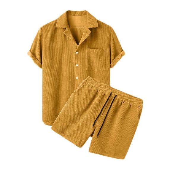 Elvqul Mens 2 Piece Set Button Down Outfits Short Sleeve Solid Athletic Pockets T Shirt and Shorts for Men Collared