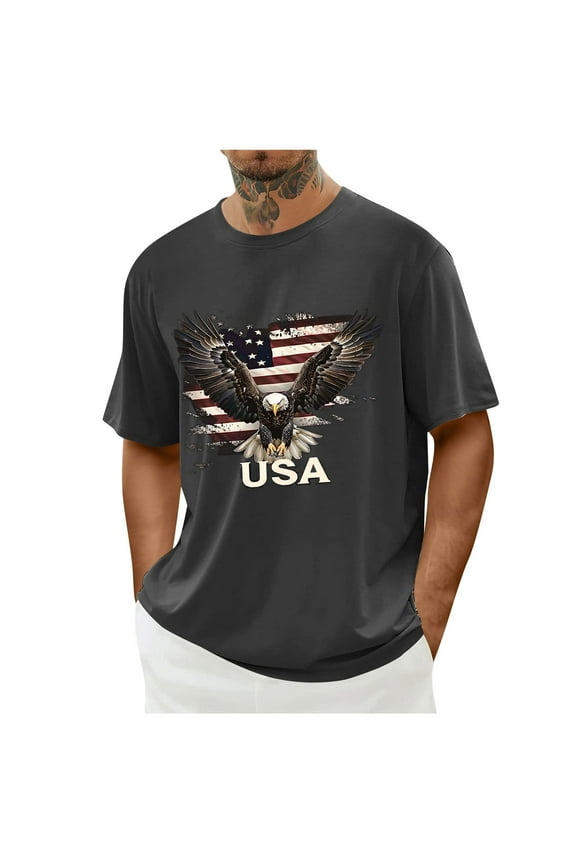 Mens 4th of July Shirts Gray Independence Pullover Summer T Shirts Eagle Crew Neck Fashion Shirts for Men American Flag