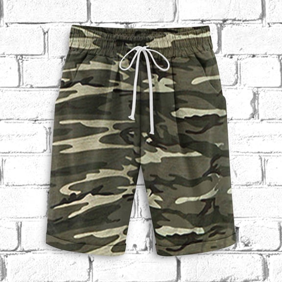 Elvqul Mens Army Green Shorts Cotton Linen Print Shorts