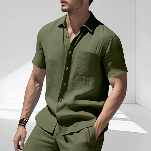 Vetsdori Mens Army Green T-Shirts Short Sleeve Solid Button Button up Collared Breathable Stylish Casual Shirts for Men
