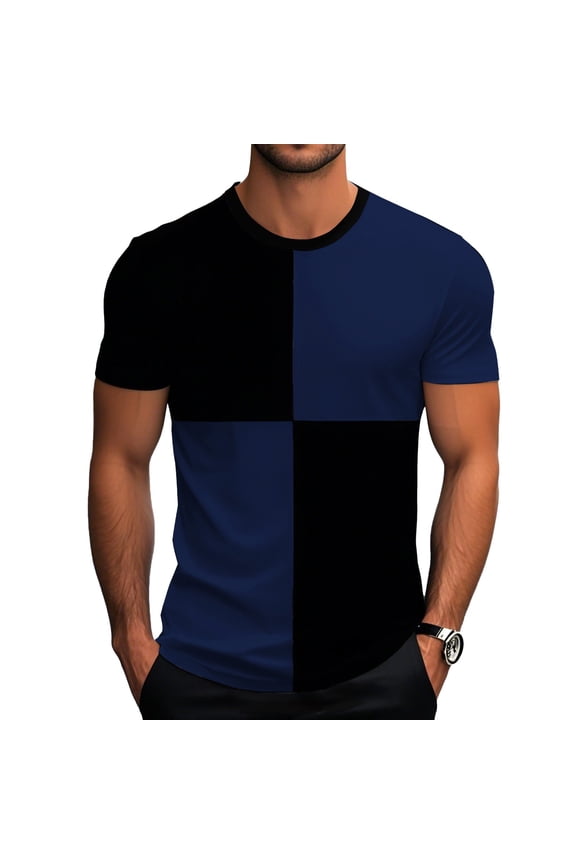 Mens Athlete Shirts Short Sleeve Patchwork Pull on Blue Fashion Workout Regular Slim Fit Crew Neck T-Shirts for Men Travel