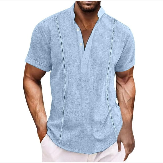 Elvqul Mens Big and Tall Shirts Short Sleeve Light Blue T-Shirts Clearance Under $15 Cotton Linen Plain Loose Pullover V-Neck Shirts