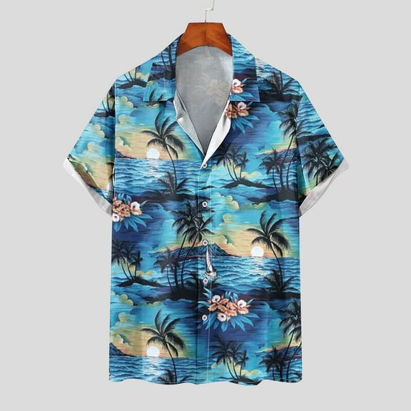 Elvqul Mens Big and Tall Shirts Vacation Everyday Blue Casual Shirts Button up Beach Print Turndown Collar Short Sleeve Summer Tops