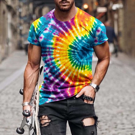 Elvqul Mens Big and Tall Tops Crew Neck Tees Summer Tie Dye