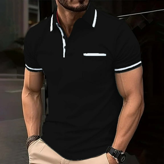 Vetsdori Mens Black Shirts Short sleeve Plain Pullover Fashion Big and Tall V-Neck Outdoor Collared Shirts for Men Pocket