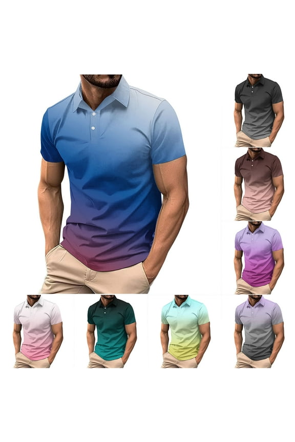 Mens Blue T-Shirts Gradient Print Collared Pull-On Button up Crewneck Big and Tall Short Sleeve Shirts for Men Outdoor