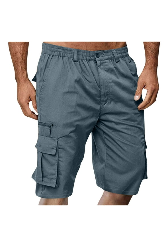 Mens Button Shorts Blue Cargo with Pockets Solid Color Casual Shorts for Men Elastic Waist