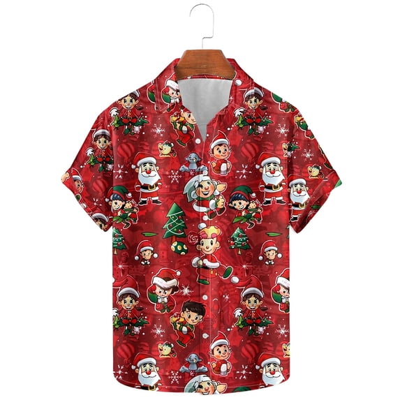 Elvqul Mens Button up Shirts Cute Graphic Short Sleeve Christmas Shirts for Men Dressy