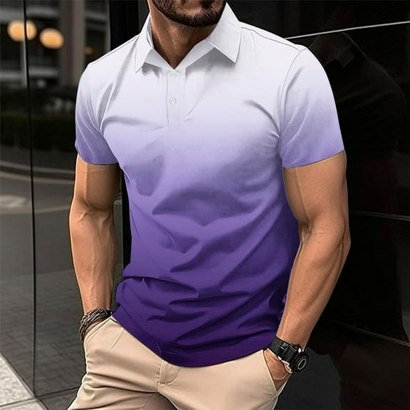 Vetsdori Mens Button up Shirts Gradient Print Collared Pull-On Short Sleeve Purple Outdoor Travel V-Neck T-Shirts for Men Summer