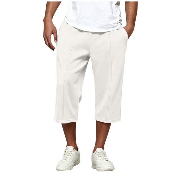 Elvqul Mens Capri Pants Pockets Drawstring Pants Elastic Waist Holiday Solid Lightweight Trousers for Men Relaxed Fit
