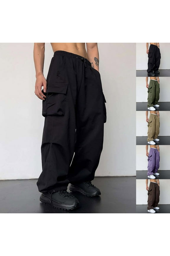 Elvqul Mens Cargo Cargo Pants Elastic Waist Multi-Pocket Pullover Loose Wide-Leg Black Big and Tall Party Pants for Men