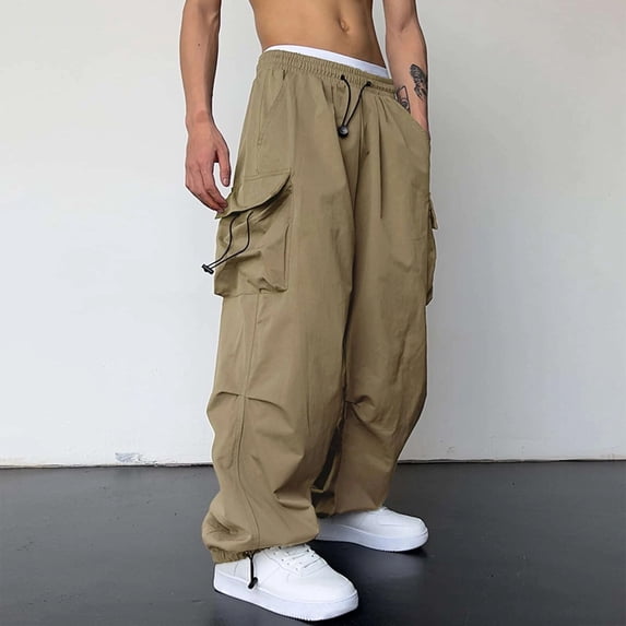 Elvqul Mens Cargo Pants Big and Tall Elastic Waist Casual Pullover Multi-Pocket Loose Trendy Pants for Men Functional pockets