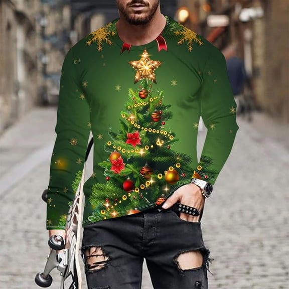 Elvqul Mens Christmas Shirts Loose Fall Merry Christmas Pullover Crew Neck Shirts for Men Orange