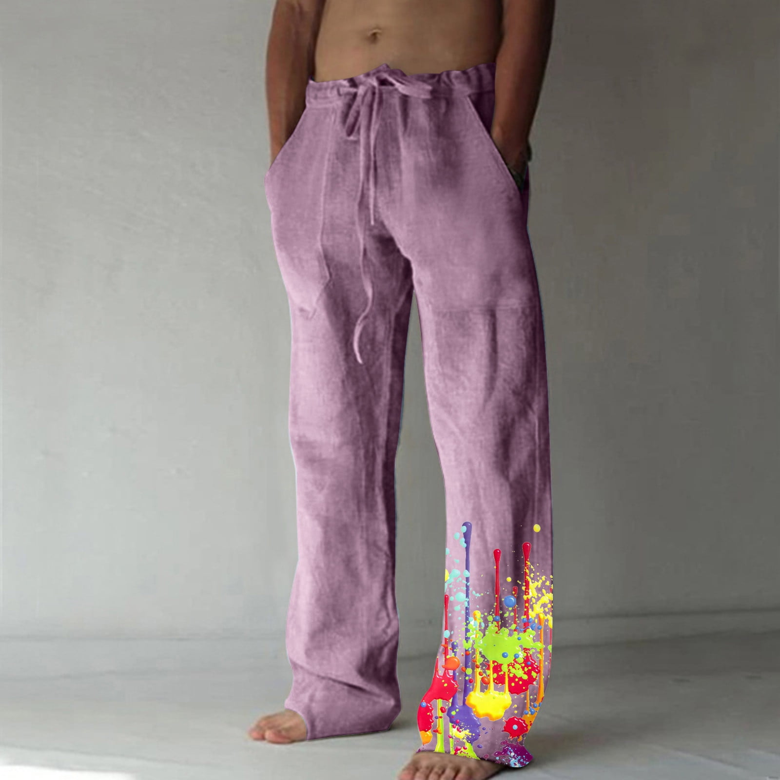 Elvqul Mens Cotton Linen Pants Purple Print Wide Leg Long Pants ...