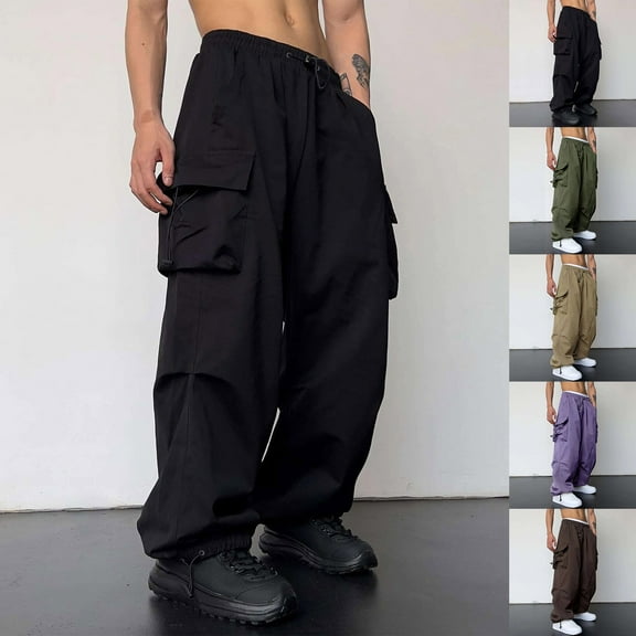 Elvqul Mens Elastic Waist Pants Black Loose Pullover Cargo Big and Tall Party Multi-Pocket Utility pockets Cargo Pants for Men