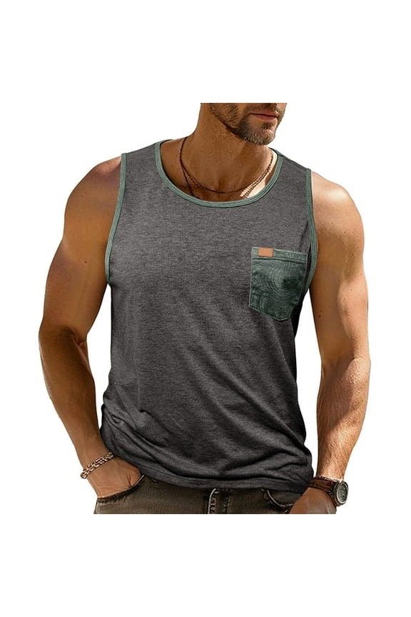 Mens Gym Shirts Printed Big and Tall T-Shirts Crew Neck with Pocket Pullover Dark Gray Tank Tops for Men Sleeveless