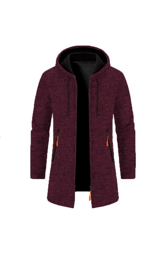 Mens Jackets Zipper Fashion Big and Tall Peacoat Wine Solid Jackets Winter Knit Long Sleeve Coat Hooded Pockets Shirts
