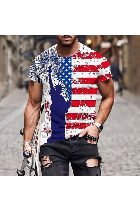 Mens Patriotic Shirts Independence 4th of July Pullover Big and Tall Stylish Blue Short Sleeve Tee Shirts Star Shirts for Men Round Neck