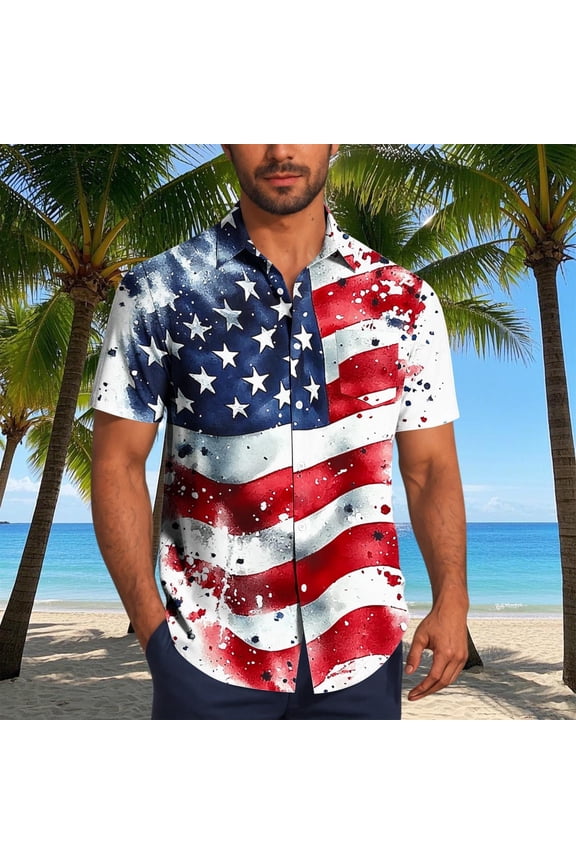 Mens Patriotic Shirts Red Big and Tall Casual Independence Day Tee Shirts Button up Short Sleeve Fashion Star Shirts for Men 4th of July