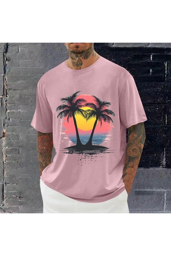Mens Pattern Shirts Summer Short Sleeve Pull On Pink Muscle Travel Sports Fashion T-Shirts for Men