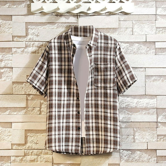 Vetsdori Mens Plaid Shirts Khaki Button up Button Pocket Short Sleeve Casual Collared Stylish T-Shirts for Men