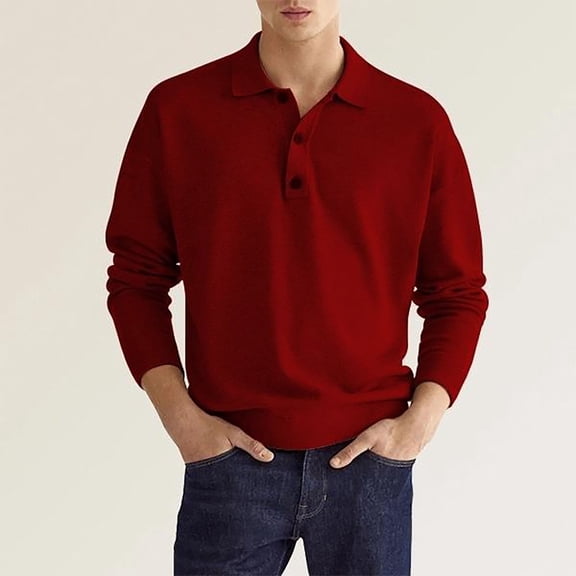 Elvqul Mens Red Polo Shirts Big and Tall Long Sleeve Cotton Collared Breathable Clothing Pullover Plain Lightweight Shirts