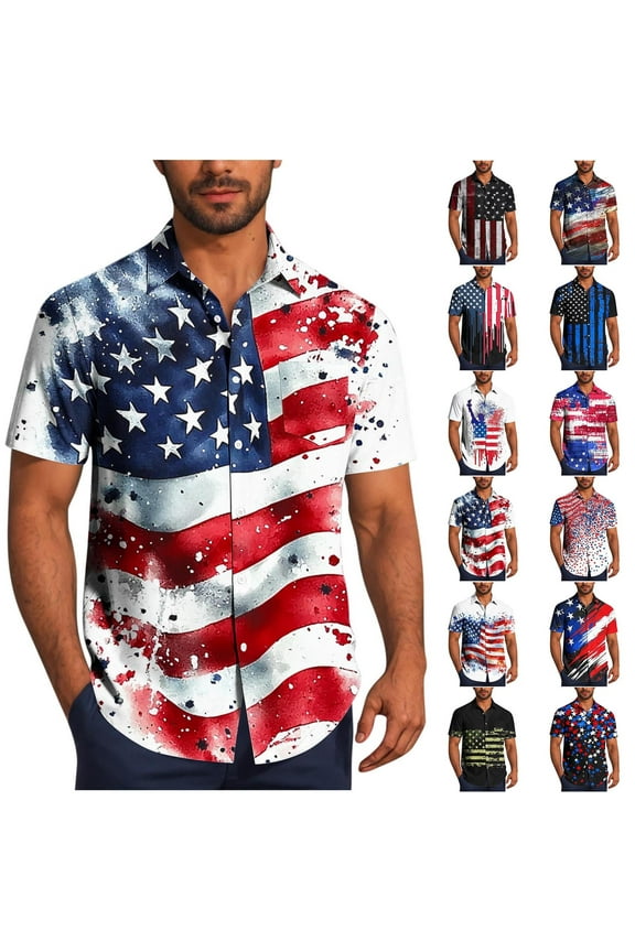 Mens Red Shirts Graphic Independence American Flag Short Sleeve Button up Fourth of July Tee Shirts Collar Trendy Shirts for Men Big and Tall