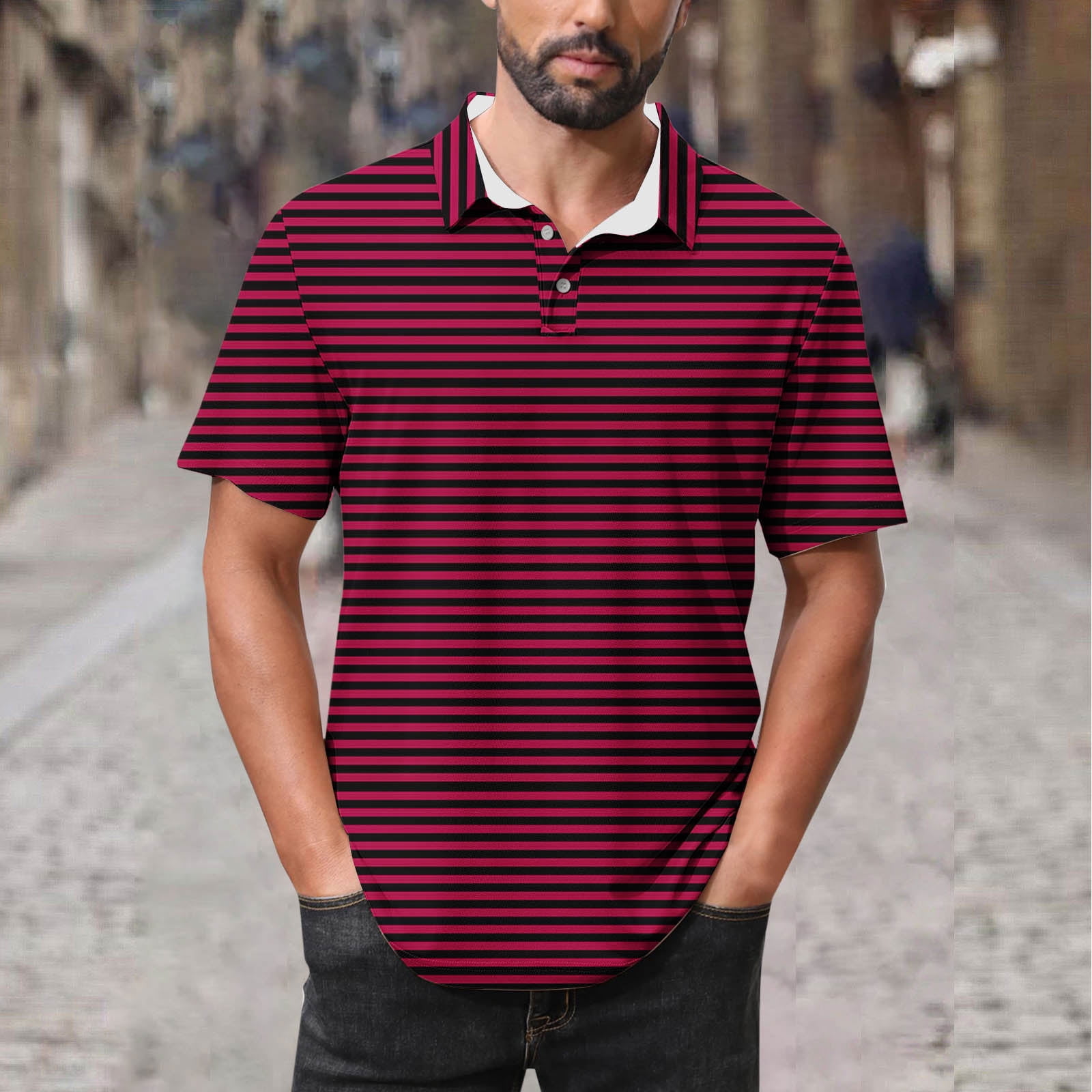 Elvqul Mens Red T-Shirts Collared Short Sleeve Pull-On Outdoor Button ...