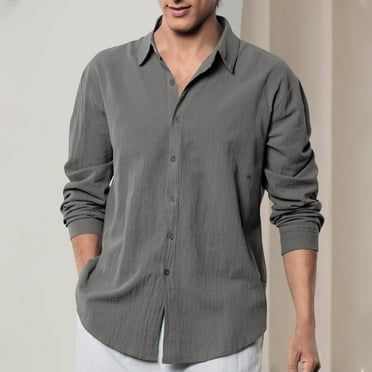 Elvqul Mens Shirts Casual Round Neck Long Sleeve Loose Cotton Linen Solid Button up Dark Gray Shirts