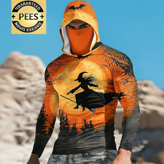 Elvqul Mens Shirts Halloween Pullover Big and Tall Hooded Halloween Silk Shirts for Men Long Sleeve