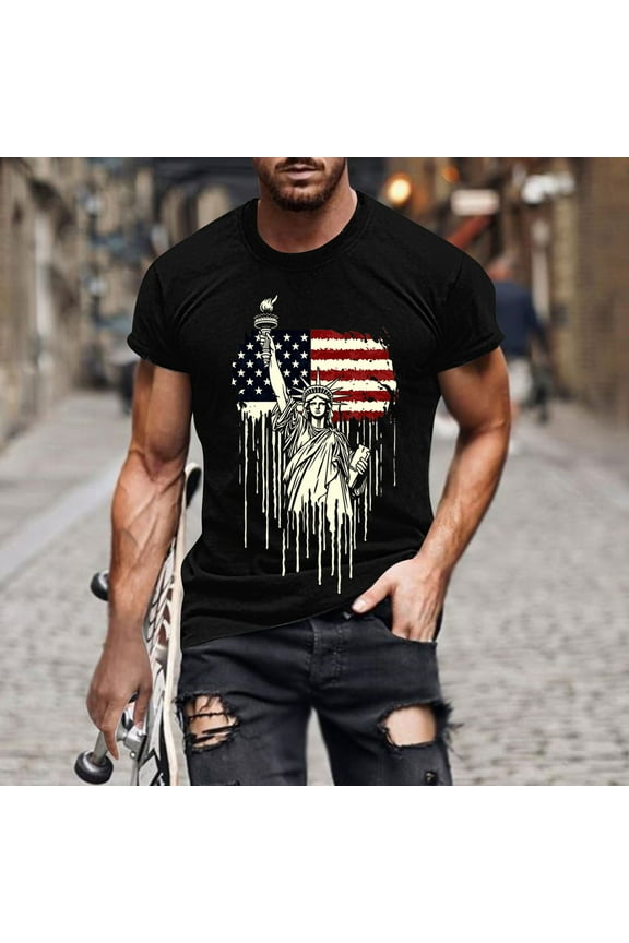 Mens Shirts Independence American Flag Pullover Black Summer 4th of July T-Shirts Short Sleeve Eagle Shirts for Men Round Neck
