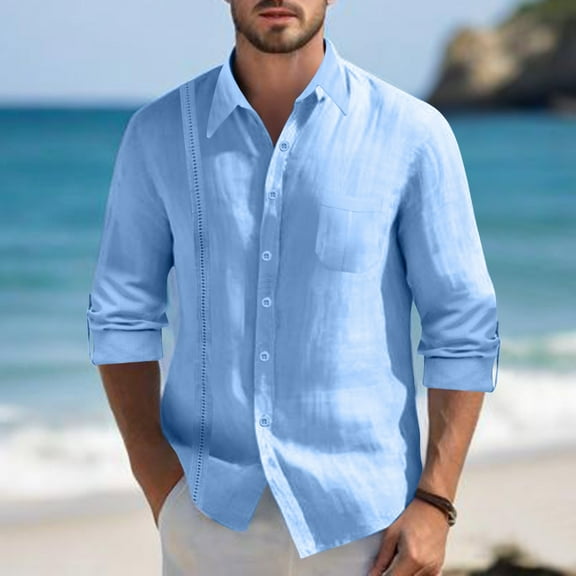 Elvqul Mens Shirts Lapel Big and Tall Long Sleeve Button down Cotton Linen Plain Sky Blue Shirts