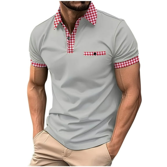 Elvqul Mens Shirts Large Size Polo Short Sleeve T-Shirts Holiday Plaid Big and Tall Light Gray Collared Polo Shirts