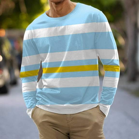 Elvqul Mens Shirts Light Blue Button down Striped Long Sleeve Casual Fashion Round Neck Tops Shirts