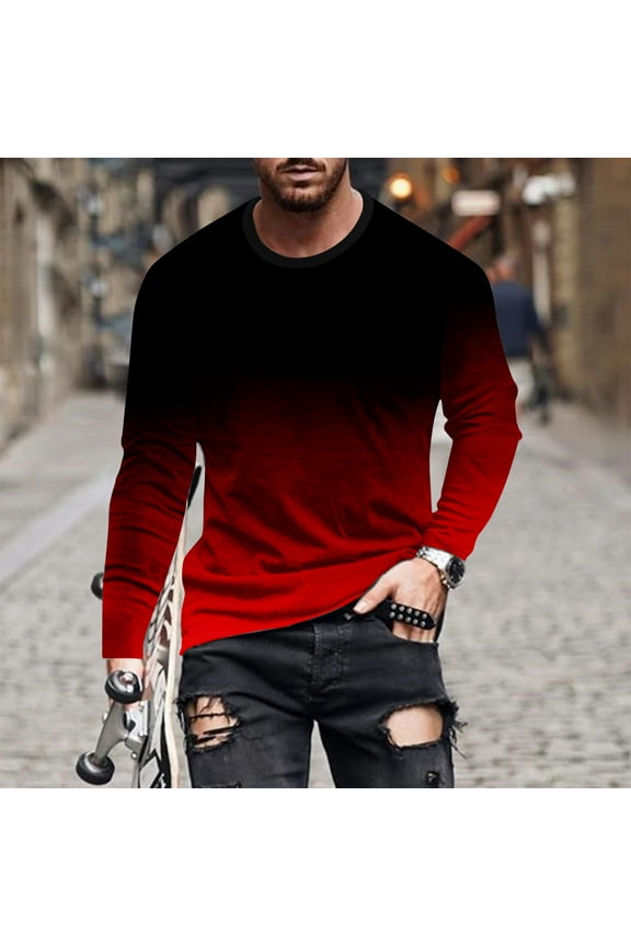 Mens Shirts Long Sleeve Breathable Under $5 Gradient Print Casual Tees Pull on Crew Neck Wine Shirts