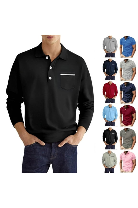 Mens Shirts Long Sleeve Collared Mens Tops Solid Pullover Black Cotton Polo Shirts