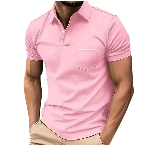 Elvqul Mens Shirts Polo Collared T-Shirts Short Sleeve Holiday Plain Big and Tall Pink Polo Shirts