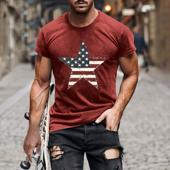 Elvqul Mens Shirts Red Independence Pullover Fourth of July Patriotic T Shirts Travel Crew Neck Star Shirts for Men Short Sleeve