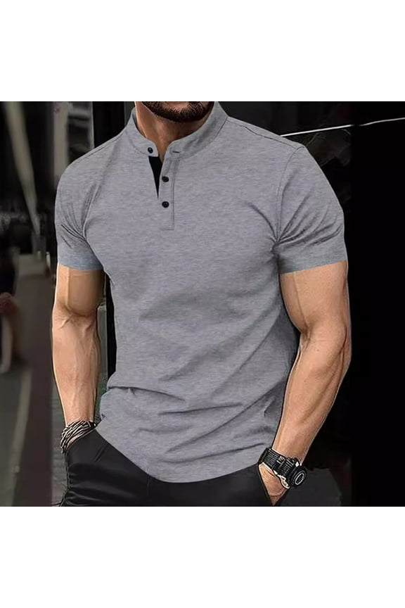 Mens Shirts Short Sleeve Stylish T-Shirts Gray Pullover Solid Color Elastic Daily Shirts for Men Crew Neck