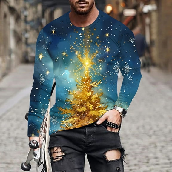 Elvqul Mens Shirts Y2K Pullover Christmas Casual Long Sleeve Dressy Crewneck Shirts for Men