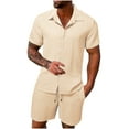 thumbnail image 1 of Elvqul Mens Short Sleeve 2 Piece Set Outfits Button Up Solid Basic Cotton Linen T Shirt and Shorts for Men, 1 of 8