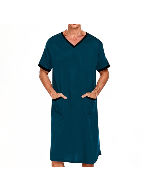 Mens Short Sleeve Nightgown Nightshirt Big & Tall Side Splits Pockets Summer V Neck Plain Nightwear for Men Pullover