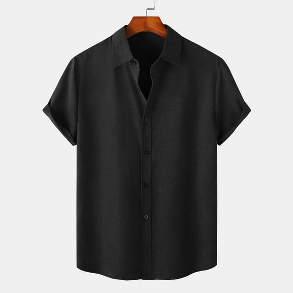 Elvqul Mens Short Sleeve Shirts Lapel Lightweight Cotton Linen Black Button up Loose Casual Solid Color Shirts