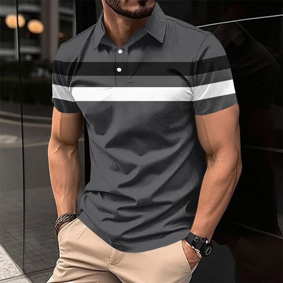 Vetsdori Mens Short Sleeve T-Shirts Striped Collared Pullover Slim Fit Army Green Crew Neck Shirts for Men Holiday