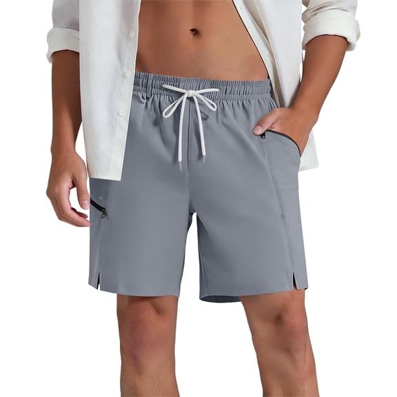 Elvqul Mens Shorts with Pocket Drawstring Board Shorts Elastic Waist Summer Beach Plain Holiday Running Gray Swimming Trunks for Men
