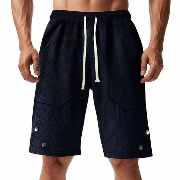 Elvqul Mens Shorts with Pockets Under $10 Cargo Elastic Waist Pull On Navy Drawstrings Solid Color Shorts for Men